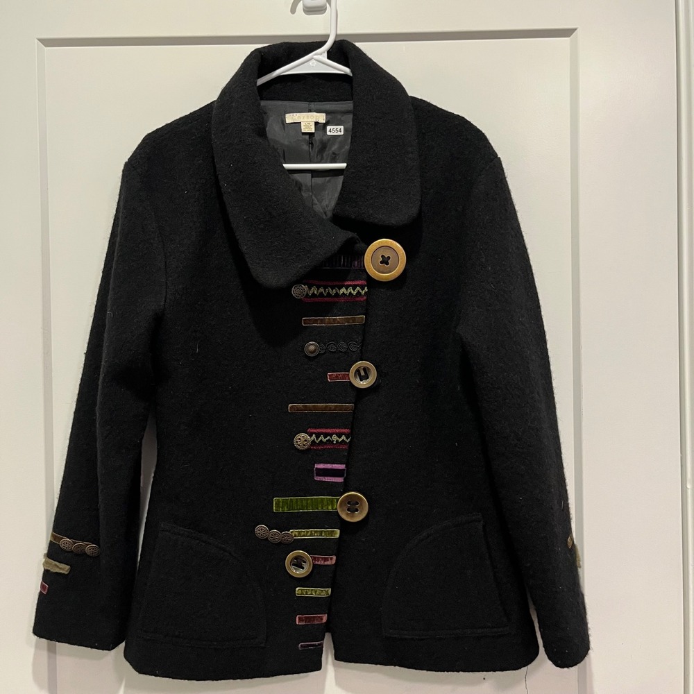 Carson Black 100% Wool Jacket Multi Color Trim Oversized Button Art To Wear L